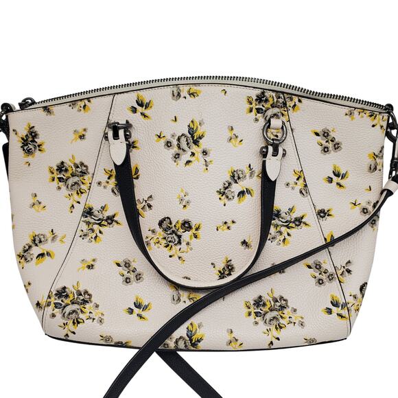 Coach Prairie Satchel Yellow Floral Pebbled Leather Handbag Tote Bag Rose 87109 - Picture 2 of 15